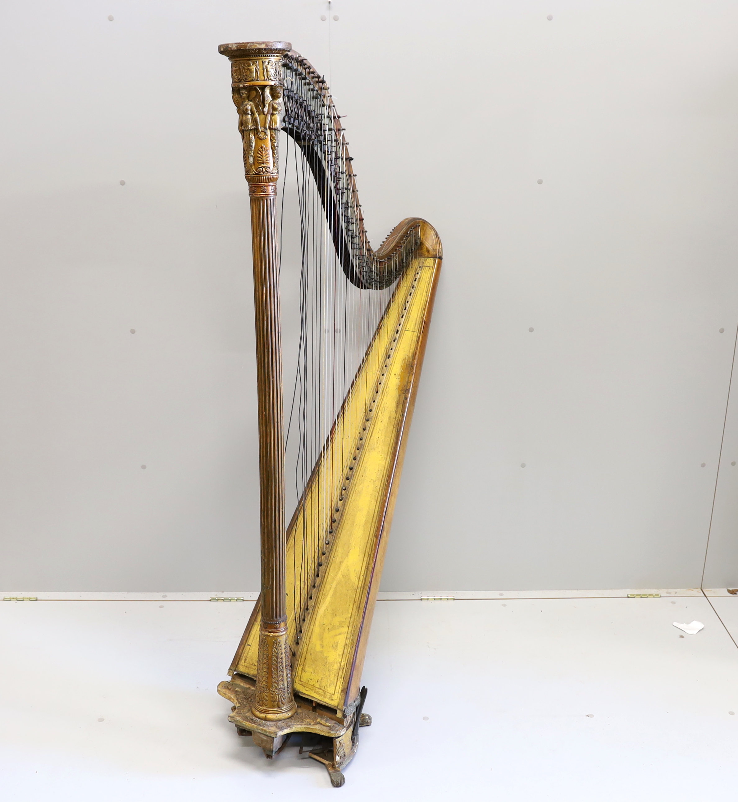 A 19th century Sebastian Erard Patent 3610 harp, in need of restoration, painted sound board, gilt fluted column and Classical capital, 170cm high